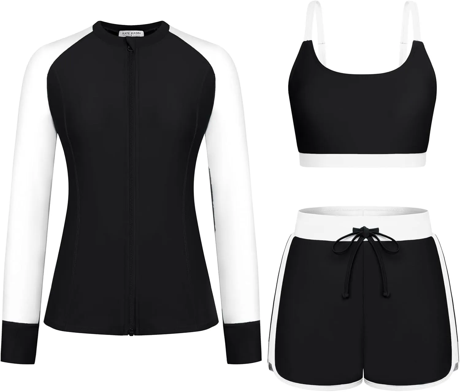 Kate Kasin Women's 3 Piece Rash Guard Long Sleeve Swim Shirts UPF 50  Swimsuit Zipper Color Block Bathing Suits with Boyshort