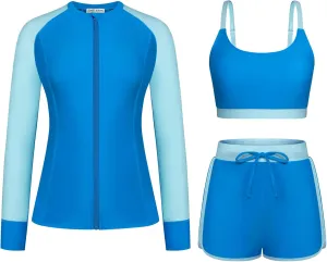 Kate Kasin Women's 3 Piece Rash Guard Long Sleeve Swim Shirts UPF 50  Swimsuit Zipper Color Block Bathing Suits with Boyshort