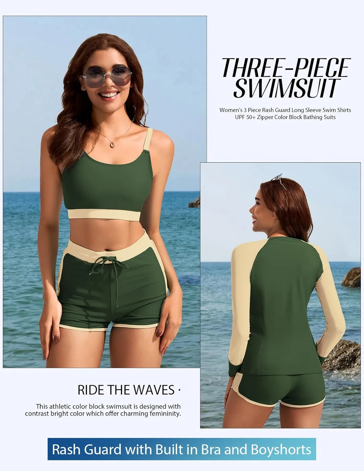 Kate Kasin Women's 3 Piece Rash Guard Long Sleeve Swim Shirts UPF 50  Swimsuit Zipper Color Block Bathing Suits with Boyshort