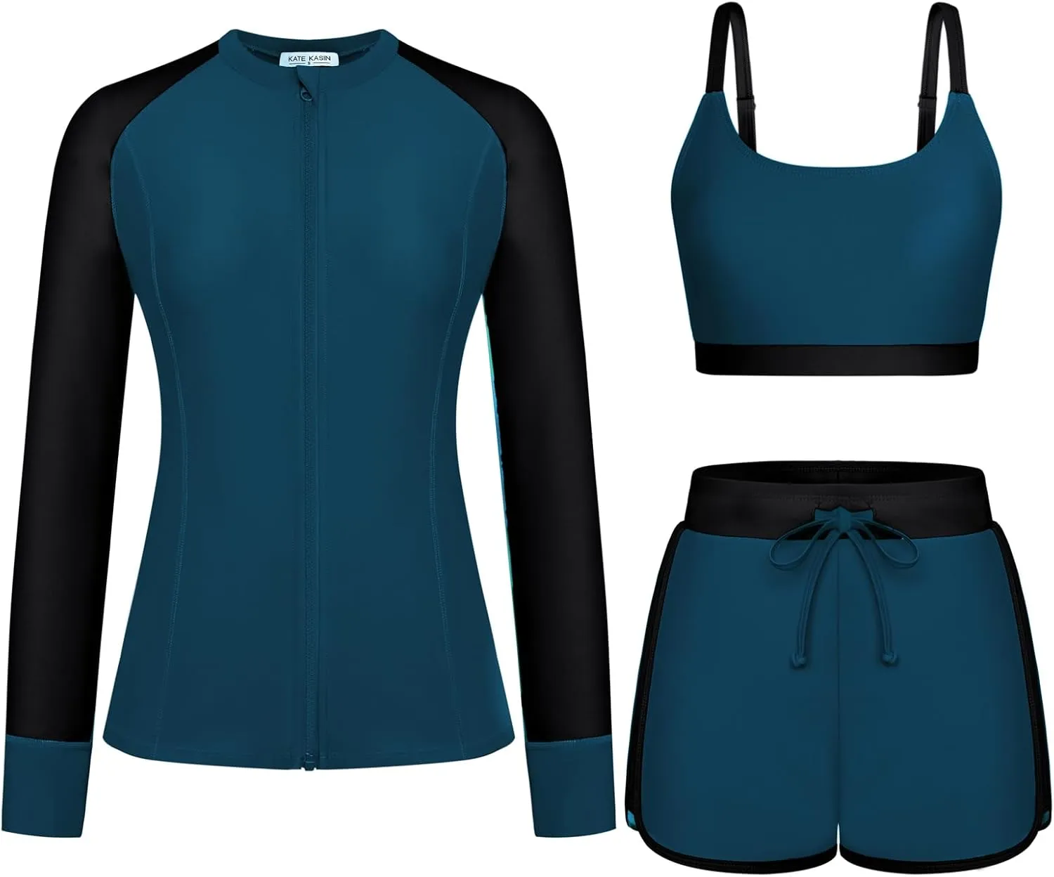 Kate Kasin Women's 3 Piece Rash Guard Long Sleeve Swim Shirts UPF 50  Swimsuit Zipper Color Block Bathing Suits with Boyshort