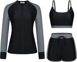 Kate Kasin Women's 3 Piece Rash Guard Long Sleeve Swim Shirts UPF 50  Swimsuit Zipper Color Block Bathing Suits with Boyshort
