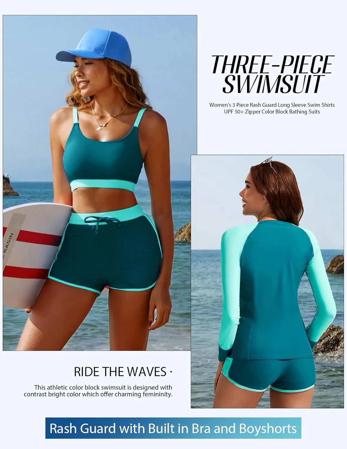 Kate Kasin Women's 3 Piece Rash Guard Long Sleeve Swim Shirts UPF 50  Swimsuit Zipper Color Block Bathing Suits with Boyshort