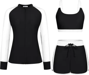 Kate Kasin Women's 3 Piece Rash Guard Long Sleeve Swim Shirts UPF 50  Swimsuit Zipper Color Block Bathing Suits with Boyshort