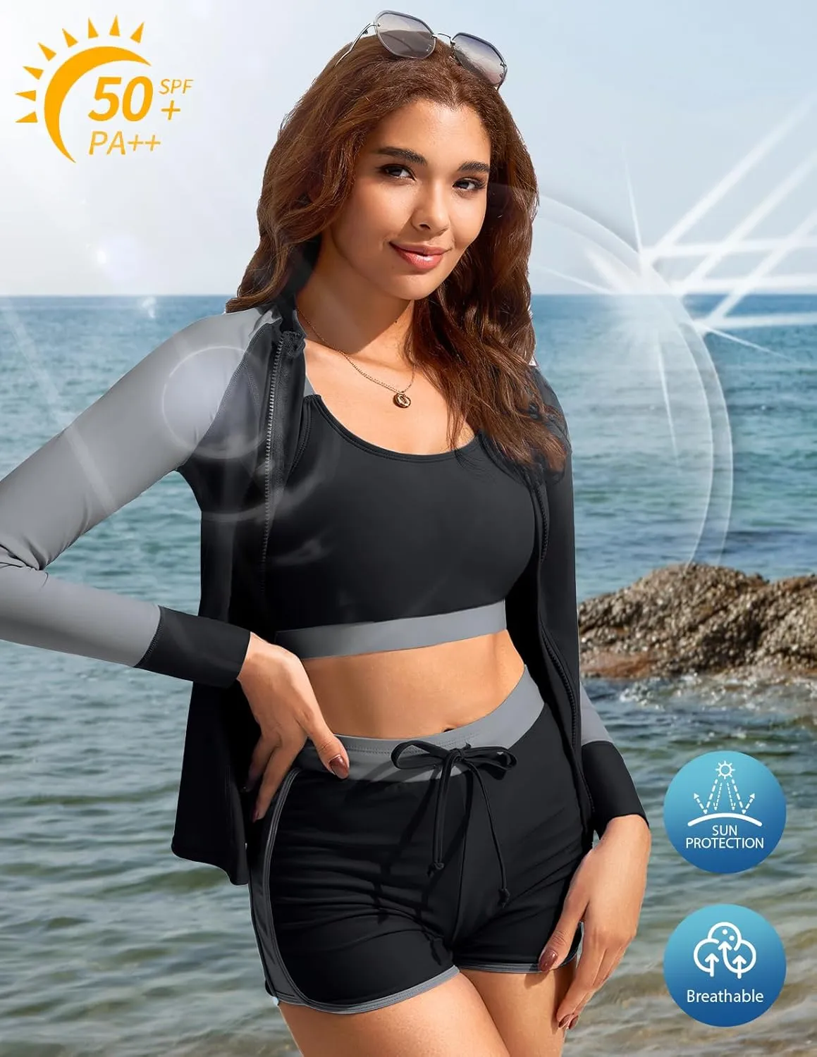 Kate Kasin Women's 3 Piece Rash Guard Long Sleeve Swim Shirts UPF 50  Swimsuit Zipper Color Block Bathing Suits with Boyshort