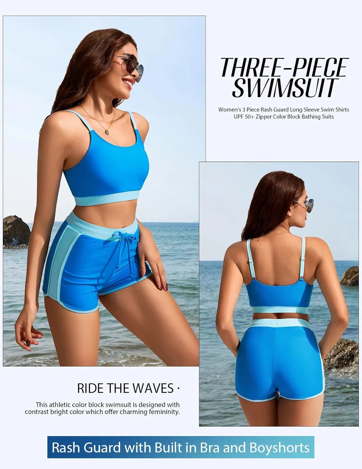 Kate Kasin Women's 3 Piece Rash Guard Long Sleeve Swim Shirts UPF 50  Swimsuit Zipper Color Block Bathing Suits with Boyshort