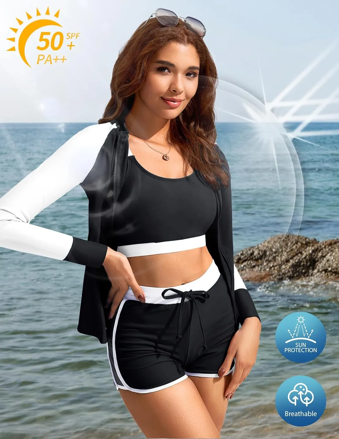 Kate Kasin Women's 3 Piece Rash Guard Long Sleeve Swim Shirts UPF 50  Swimsuit Zipper Color Block Bathing Suits with Boyshort