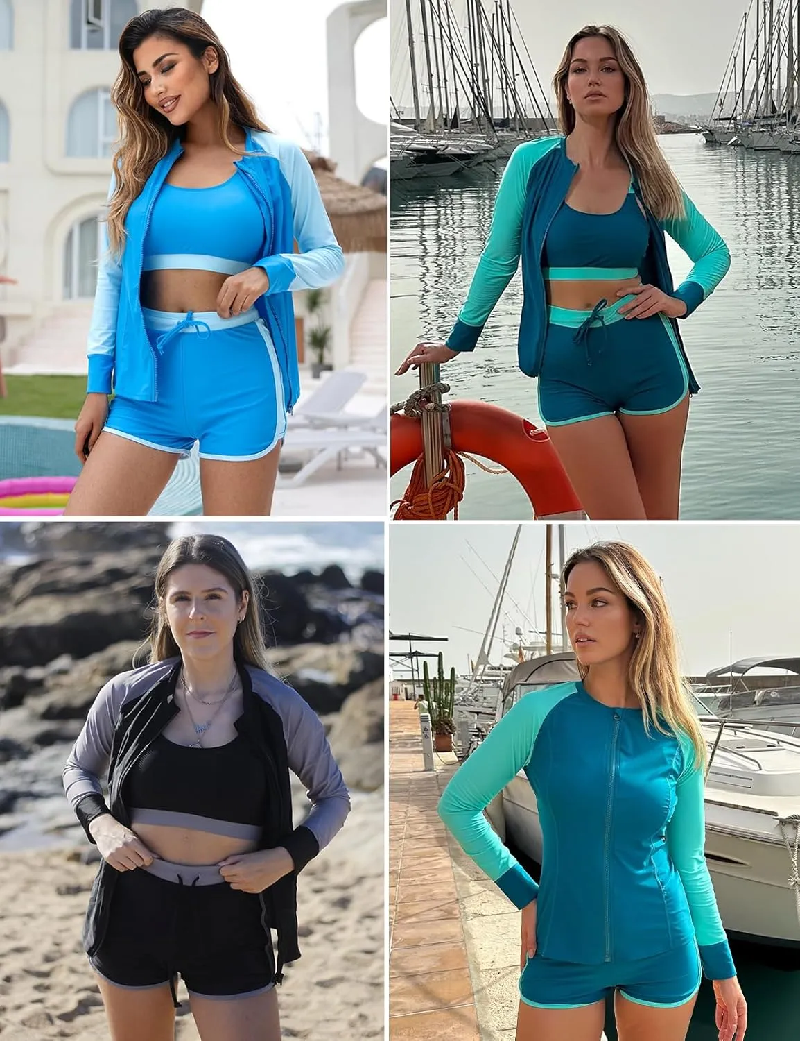 Kate Kasin Women's 3 Piece Rash Guard Long Sleeve Swim Shirts UPF 50  Swimsuit Zipper Color Block Bathing Suits with Boyshort