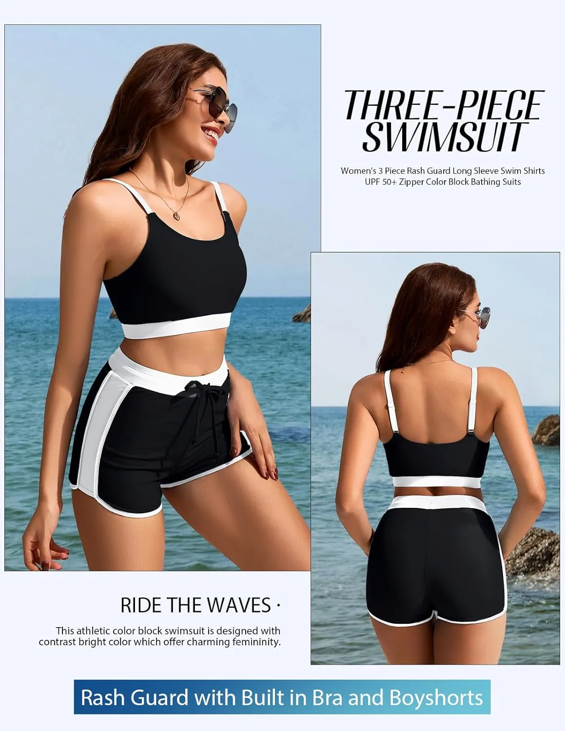 Kate Kasin Women's 3 Piece Rash Guard Long Sleeve Swim Shirts UPF 50  Swimsuit Zipper Color Block Bathing Suits with Boyshort