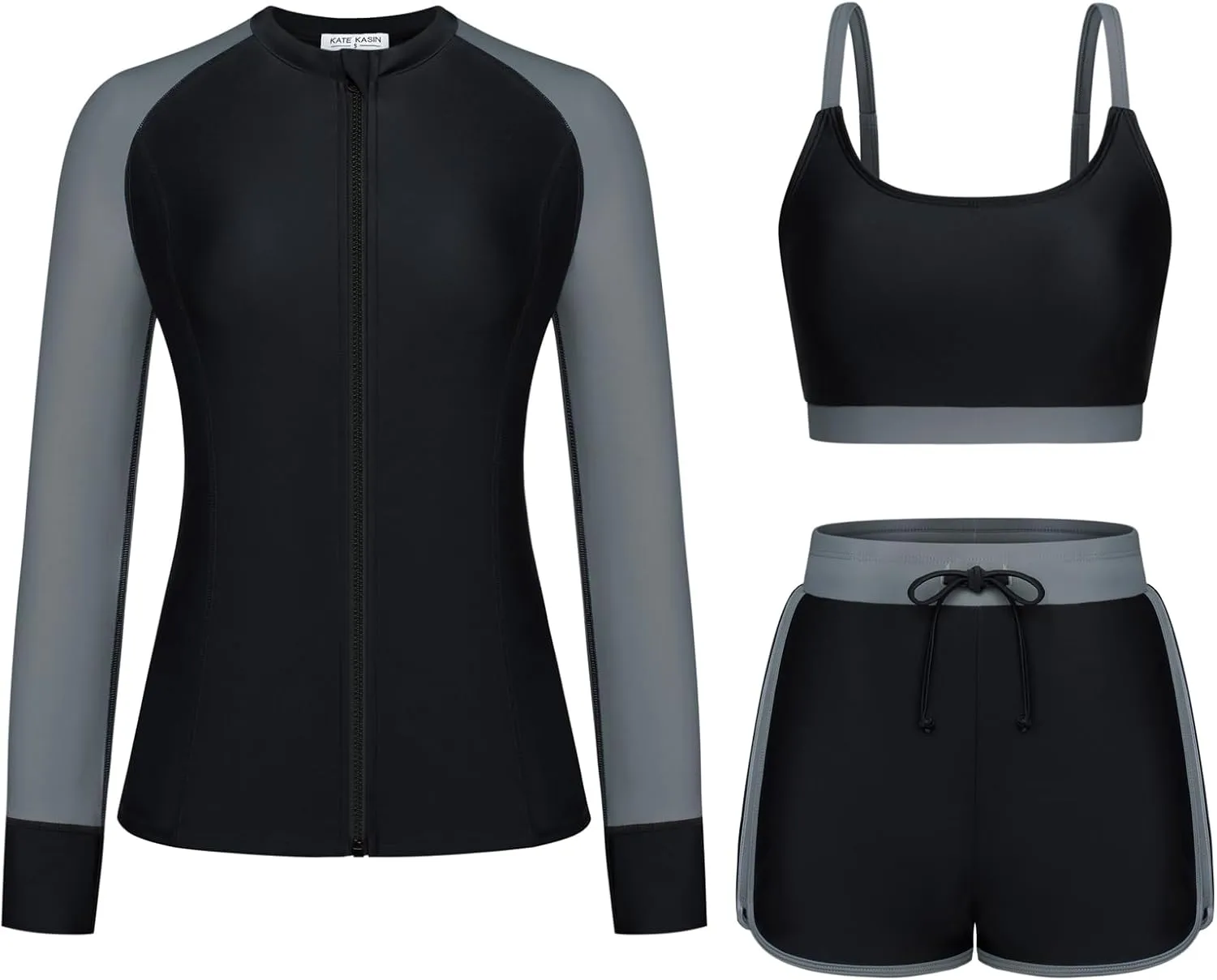 Kate Kasin Women's 3 Piece Rash Guard Long Sleeve Swim Shirts UPF 50  Swimsuit Zipper Color Block Bathing Suits with Boyshort