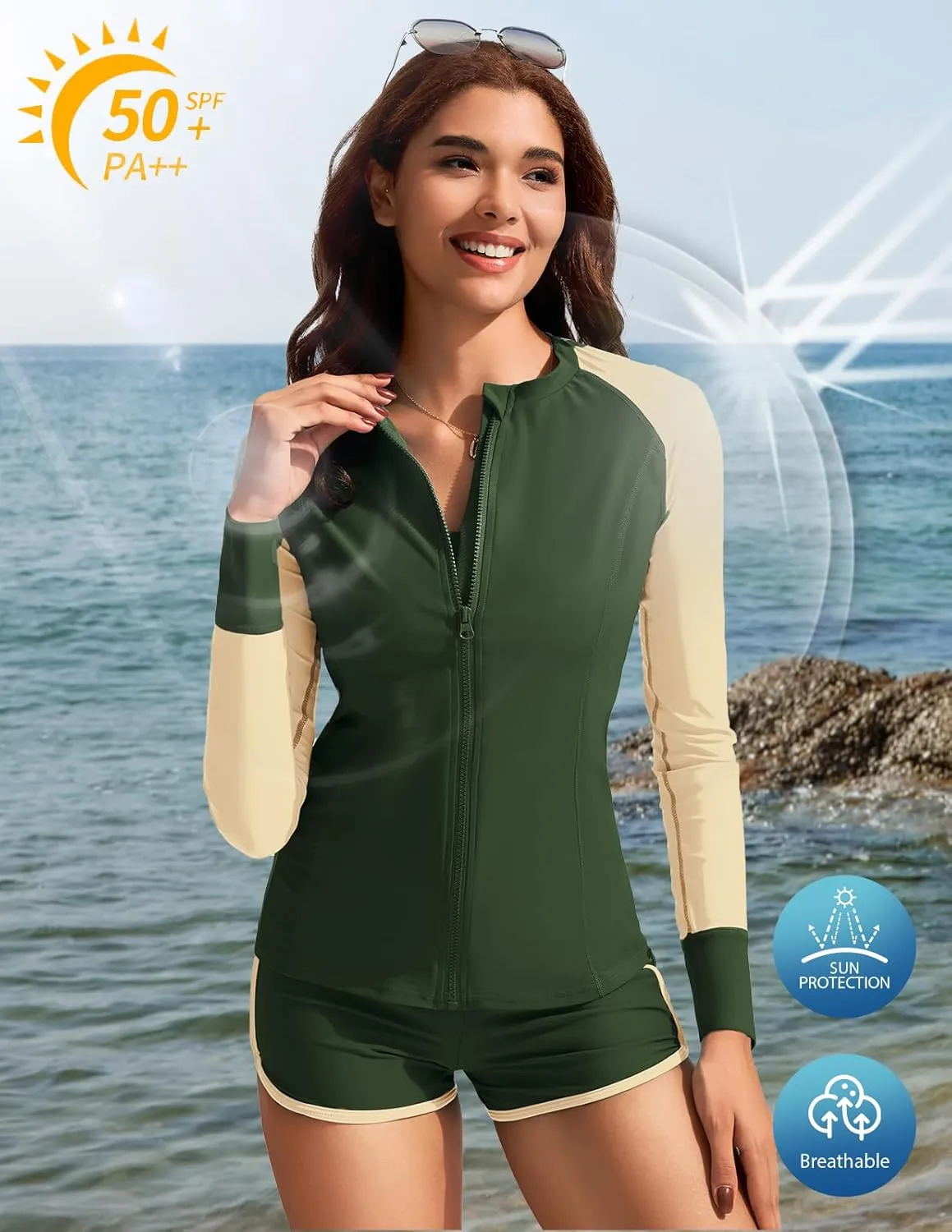 Kate Kasin Women's 3 Piece Rash Guard Long Sleeve Swim Shirts UPF 50  Swimsuit Zipper Color Block Bathing Suits with Boyshort