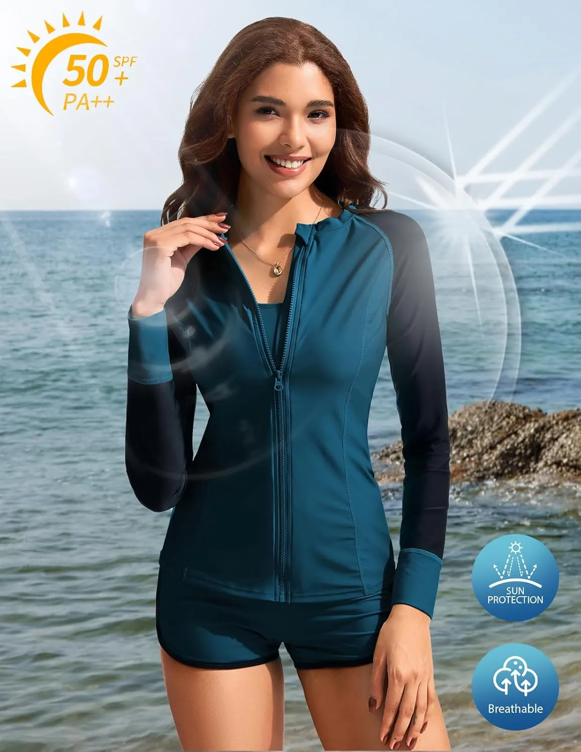 Kate Kasin Women's 3 Piece Rash Guard Long Sleeve Swim Shirts UPF 50  Swimsuit Zipper Color Block Bathing Suits with Boyshort
