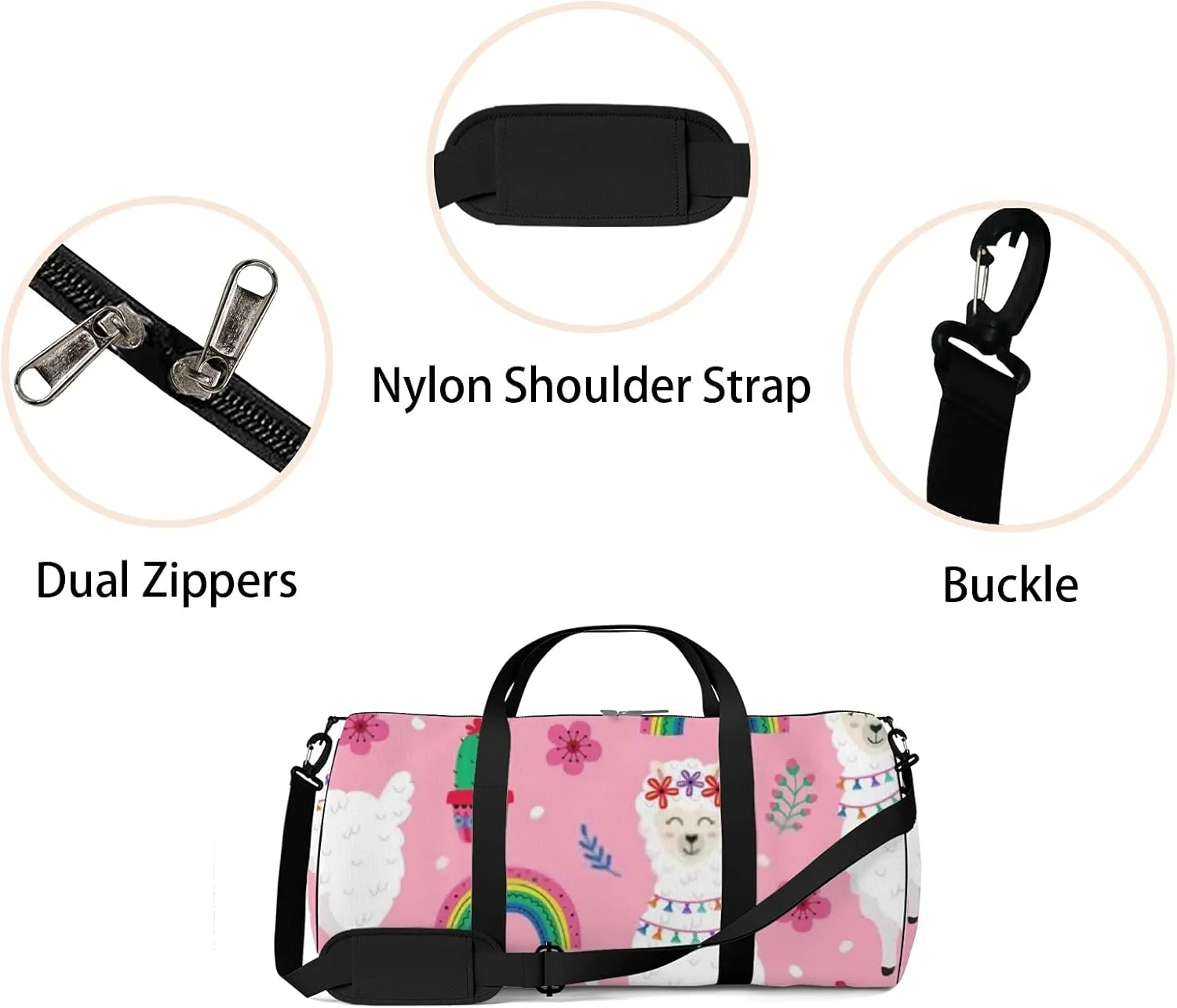 Kawaii Cute Animals Llama and Rainbow Sports Bag Tote Bag Waterproof Gym Bag with Shoulder Strap Zipper 2 Side Pockets for Men and Women, Travel and Storage Shoulder Bag.