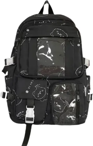 Kawaii Ita Backpack with Clear Display Bag Large Cute Cat Print Daypack for Travel Cosplay Conventions for Anime Lovers (Black)