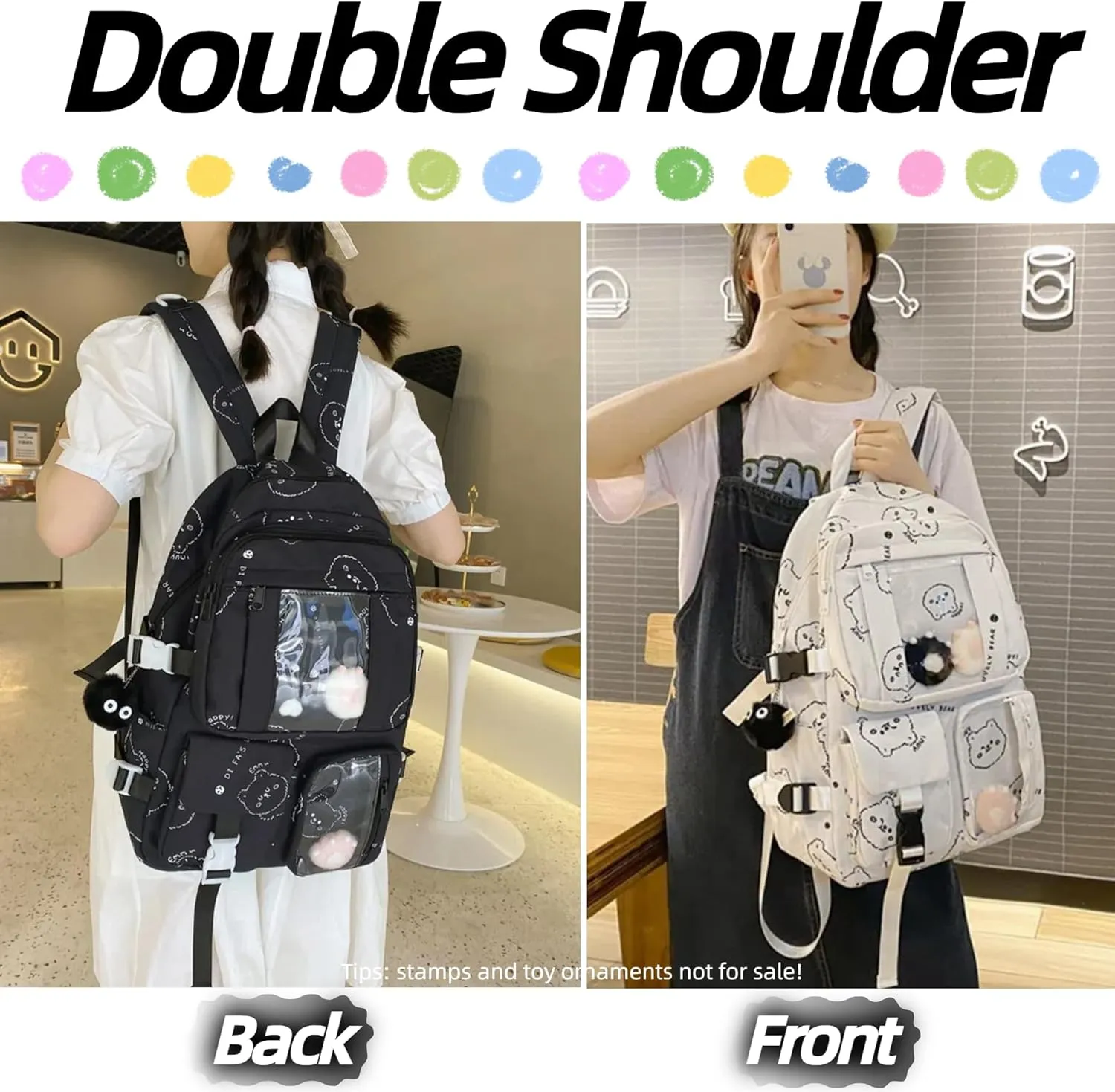 Kawaii Ita Backpack with Clear Display Bag Large Cute Cat Print Daypack for Travel Cosplay Conventions for Anime Lovers (Black)