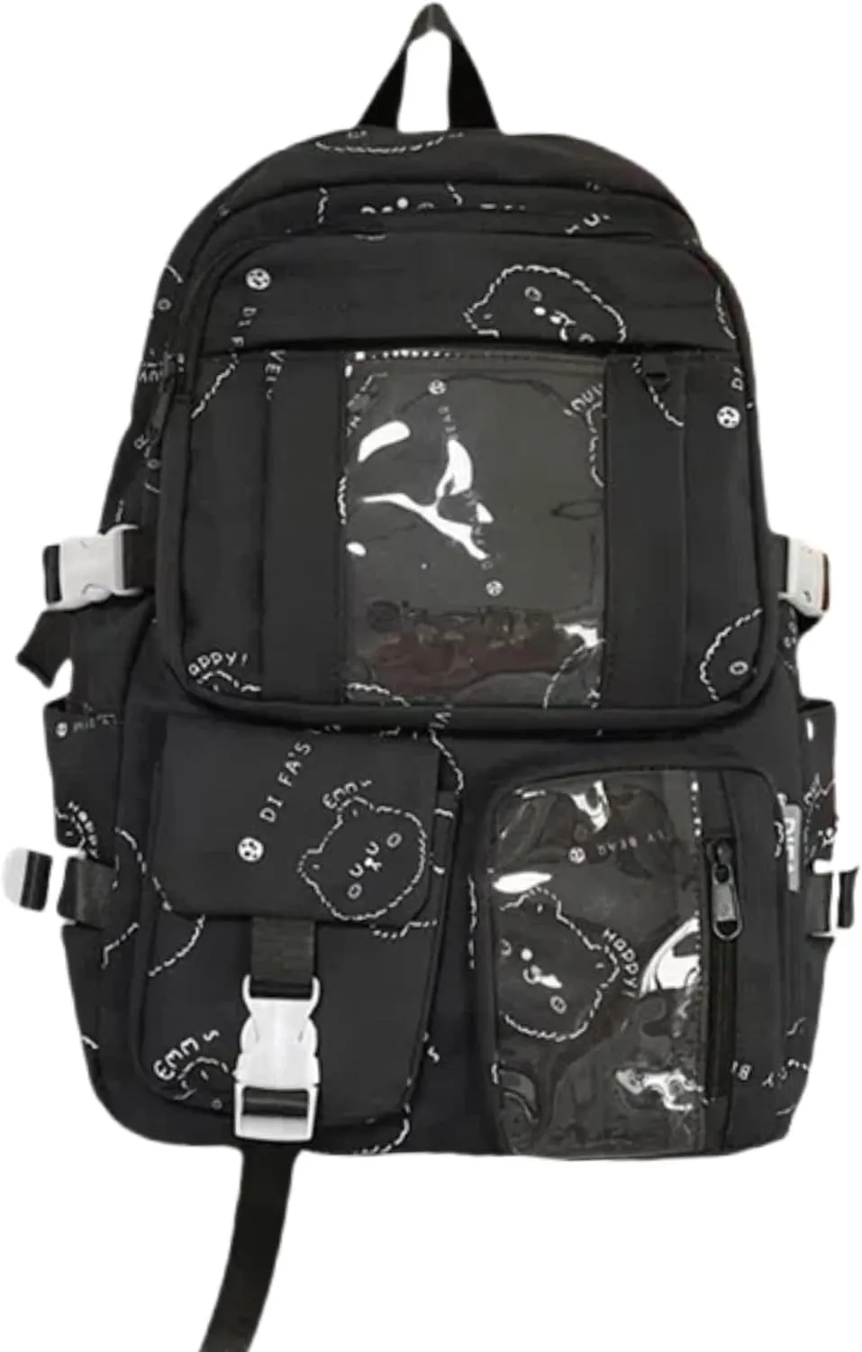 Kawaii Ita Backpack with Clear Display Bag Large Cute Cat Print Daypack for Travel Cosplay Conventions for Anime Lovers (Black)