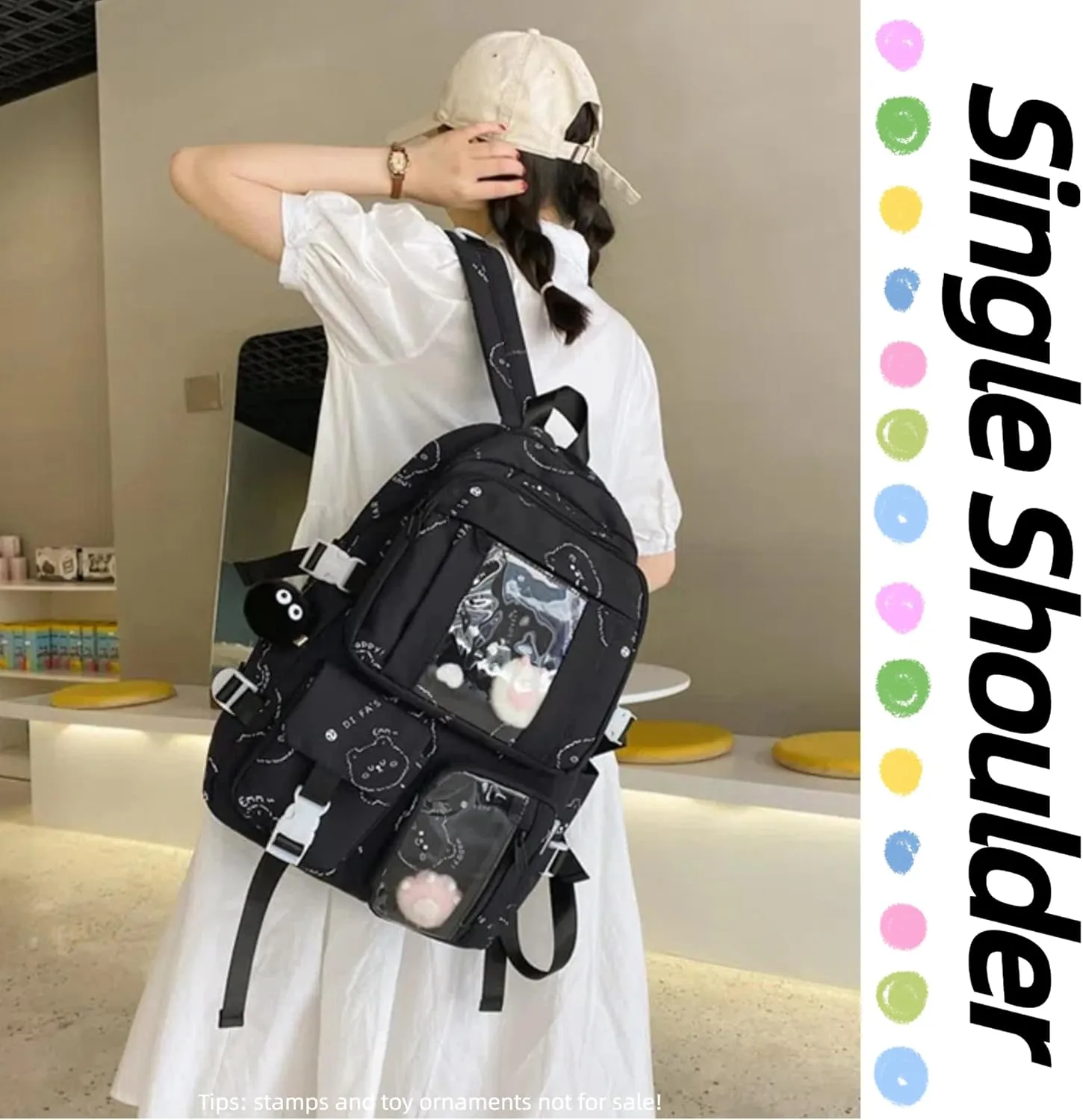 Kawaii Ita Backpack with Clear Display Bag Large Cute Cat Print Daypack for Travel Cosplay Conventions for Anime Lovers (Black)