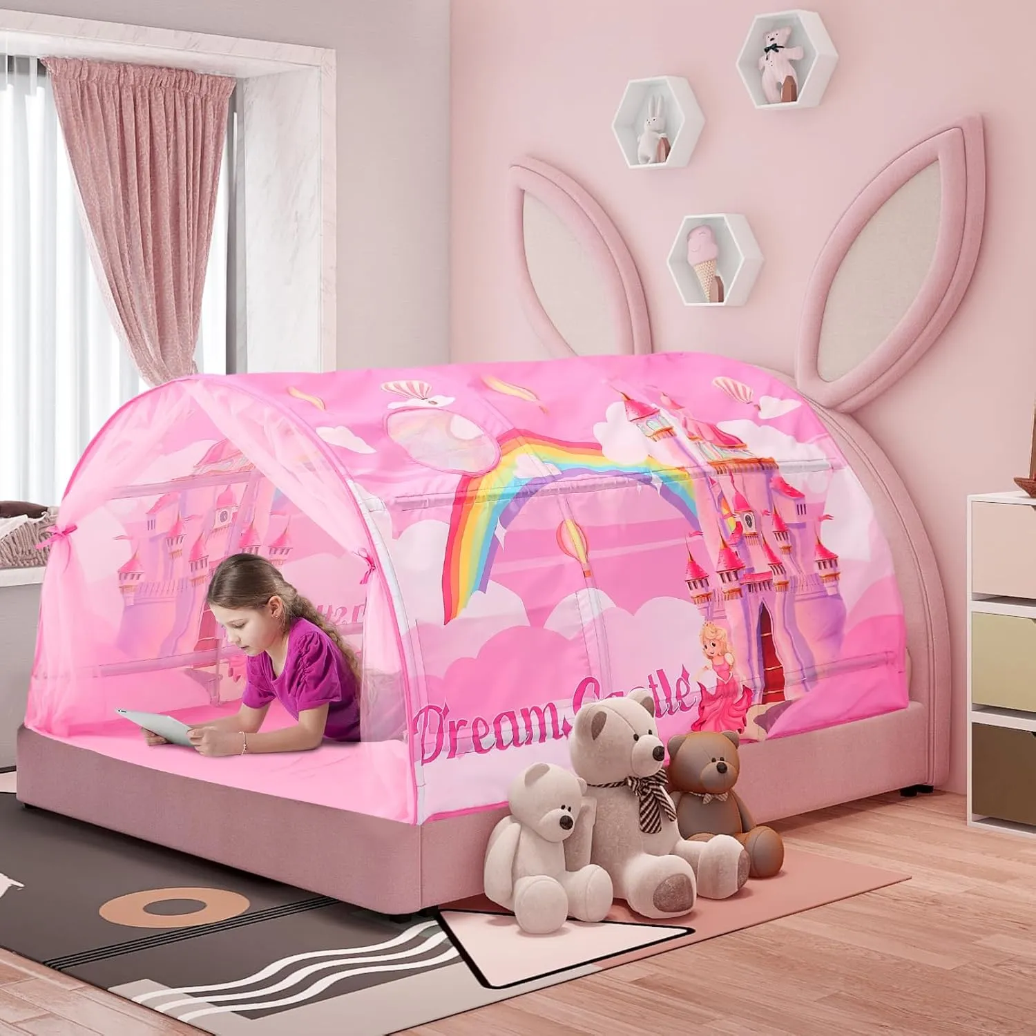 Kids Bed Tent Twin Beds -Cartoons Wonder Play Tents Boys Girls Ventilated Indoor Play Tent Children Promotes Independent Play, Stimulates Imagination Set-Up Playhouse (Castle