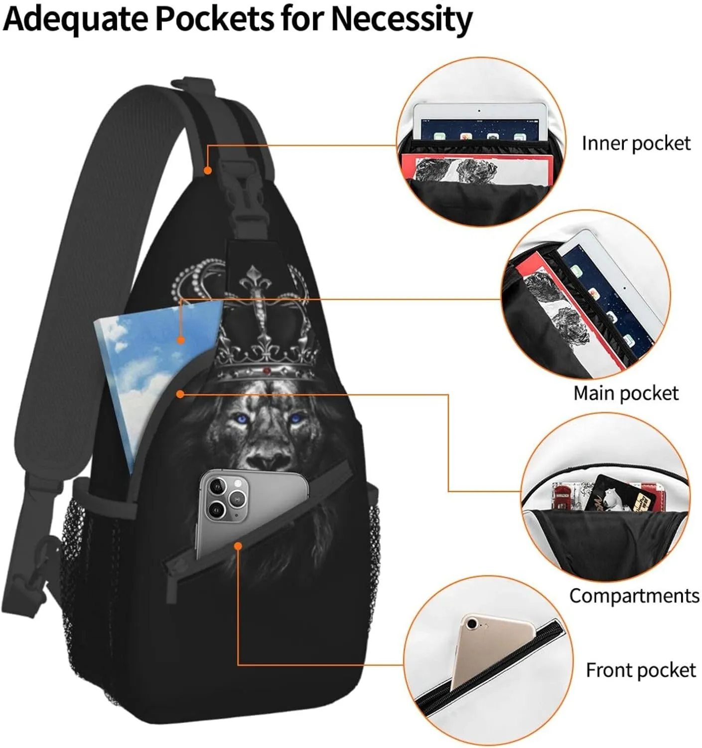 King Shoulder Bag Lion Sling Backpack Daypack Casual Backpack Hiking Bag Men Backpack Bag