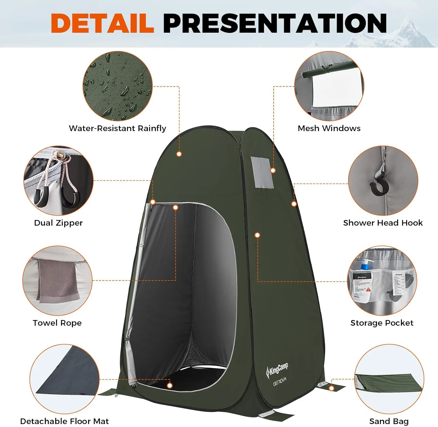 KingCamp Camping Shower Tent, Portable Outdoor Privacy Toilet & Changing Tent Windproof & Waterproof Easy Setup 1 or 2 Room Shelter with Shower Bag for Camping Hiking Beach