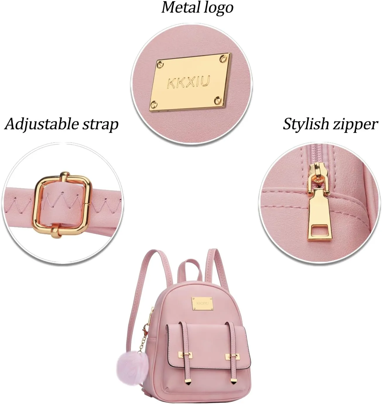 KKXIU Girls Small Backpack Purse Vegan Leather Mini Bookbag for Women Cute Teen Pompom Daypack