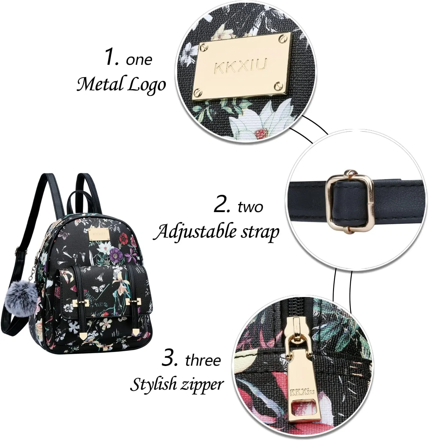 KKXIU Girls Small Backpack Purse Vegan Leather Mini Bookbag for Women Cute Teen Pompom Daypack