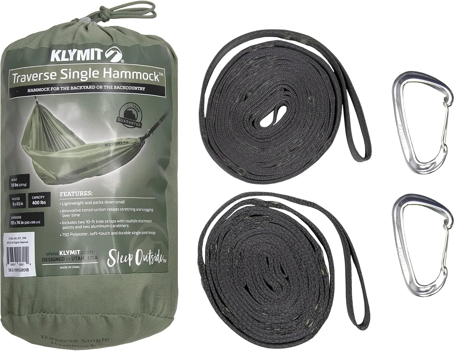 Klymit Single Traverse Hammock, Portable Hammock for Camping, Green