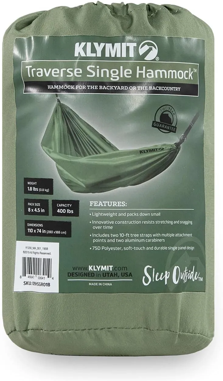 Klymit Single Traverse Hammock, Portable Hammock for Camping, Green