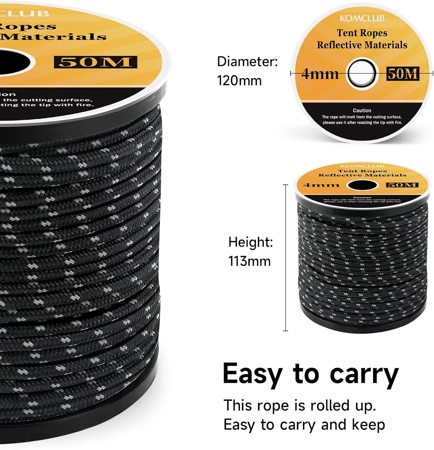 KOMCLUB 50M Reflective Guy line Tent Cords Solid 4mm Lightweight Camping Rope Braid Tent Guide Guy Straps for Tent Tarp Canopy Shelter Camping Hiking Backpacking Water Activities Survival Gear (BLACK)