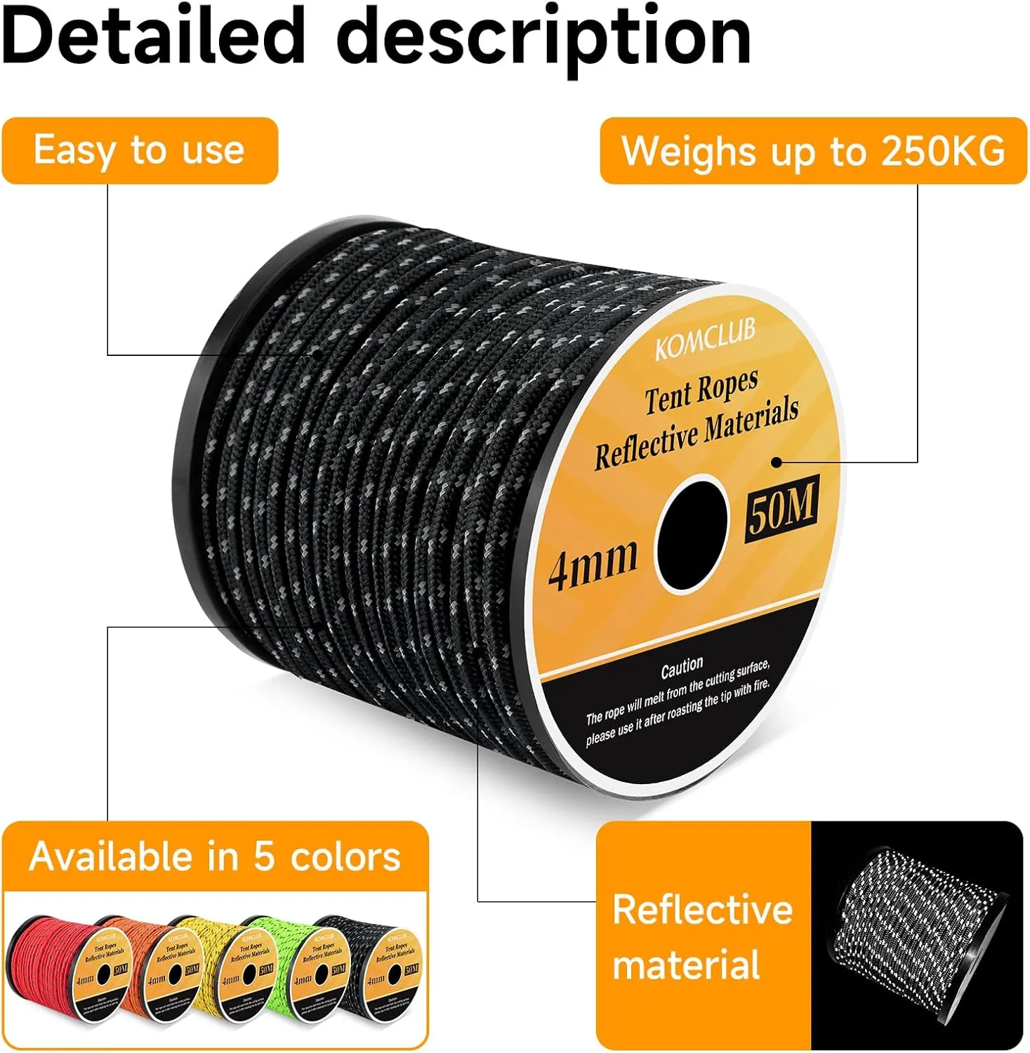 KOMCLUB 50M Reflective Guy line Tent Cords Solid 4mm Lightweight Camping Rope Braid Tent Guide Guy Straps for Tent Tarp Canopy Shelter Camping Hiking Backpacking Water Activities Survival Gear (BLACK)