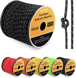 KOMCLUB 50M Reflective Guy line Tent Cords Solid 4mm Lightweight Camping Rope Braid Tent Guide Guy Straps for Tent Tarp Canopy Shelter Camping Hiking Backpacking Water Activities Survival Gear (BLACK)