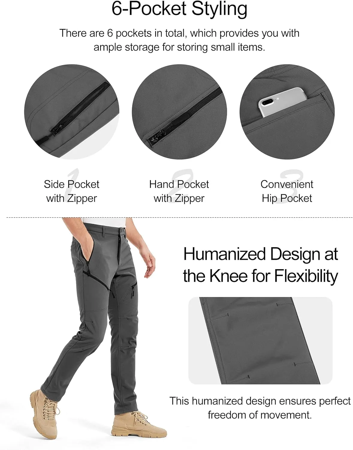 KUTOOK Winter Windproof Water Repellent Hiking Pants Thermal Fleece Casual Pants Straight Leg with Zipper Pockets for Men