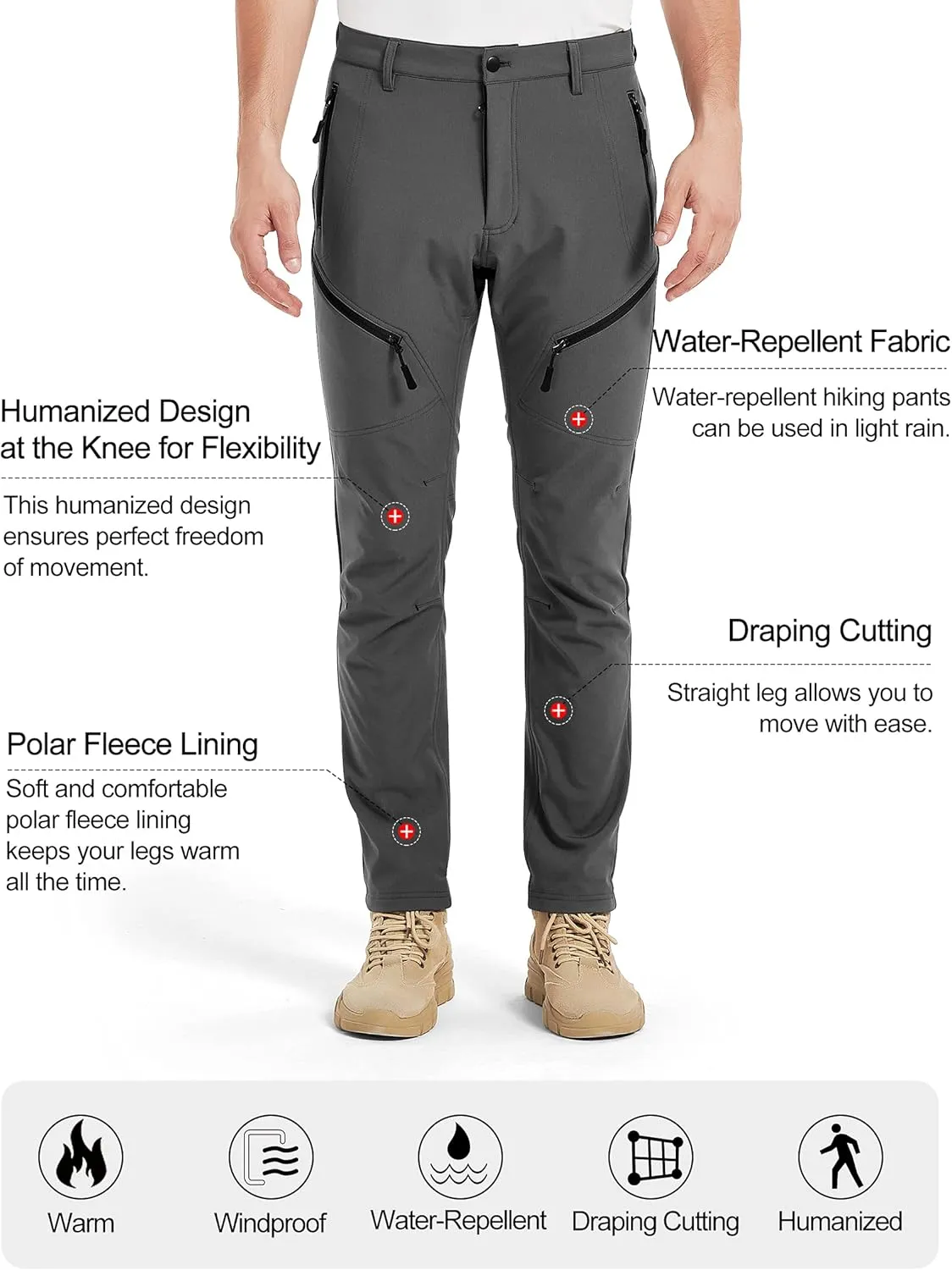 KUTOOK Winter Windproof Water Repellent Hiking Pants Thermal Fleece Casual Pants Straight Leg with Zipper Pockets for Men