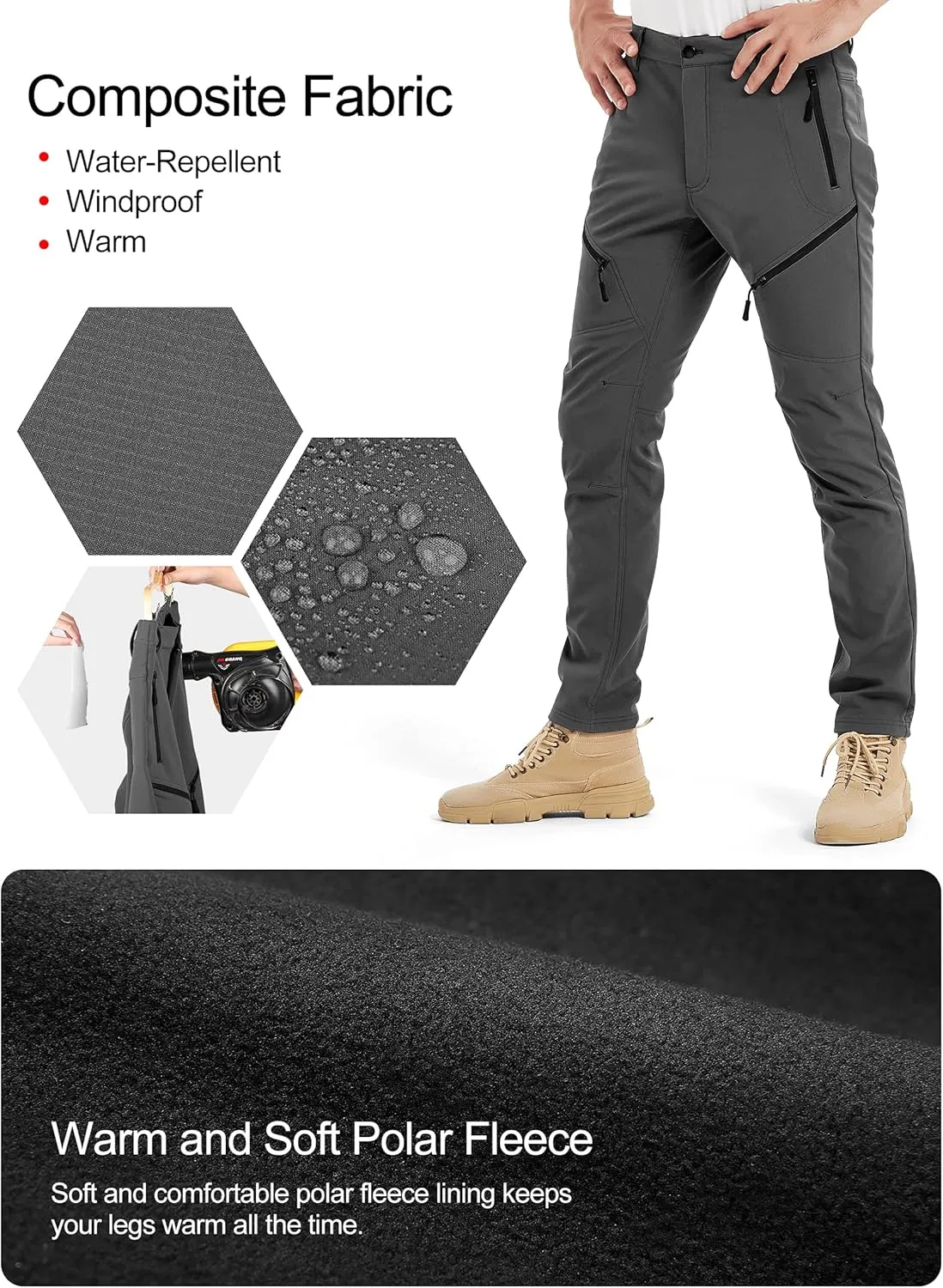 KUTOOK Winter Windproof Water Repellent Hiking Pants Thermal Fleece Casual Pants Straight Leg with Zipper Pockets for Men