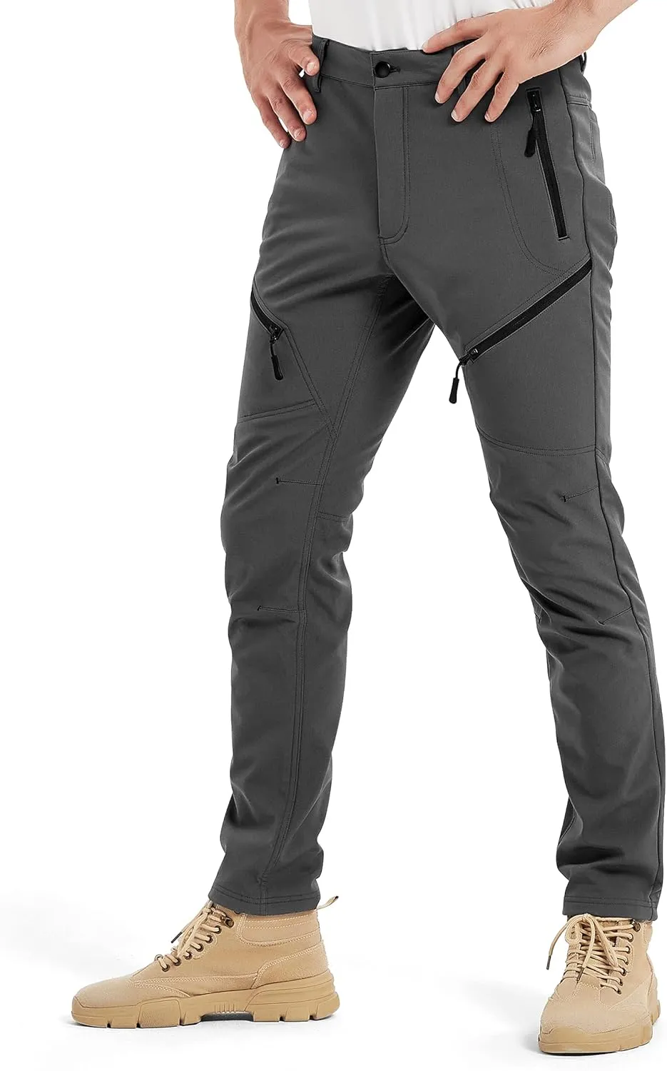 KUTOOK Winter Windproof Water Repellent Hiking Pants Thermal Fleece Casual Pants Straight Leg with Zipper Pockets for Men