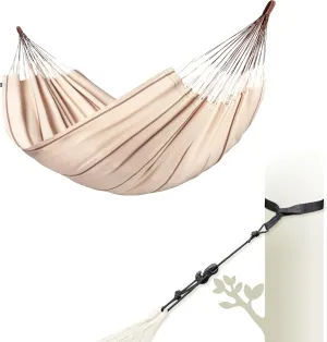 LA SIESTA® Modesta Organic Cotton Hammock & Tree Mount Kit, Beams & Posts Hammock Straps - Indoor Outdoor Hammock Swing, Portable Hammock for Outside Patio Bed - 2 Person Large Double Hammock, Nougat