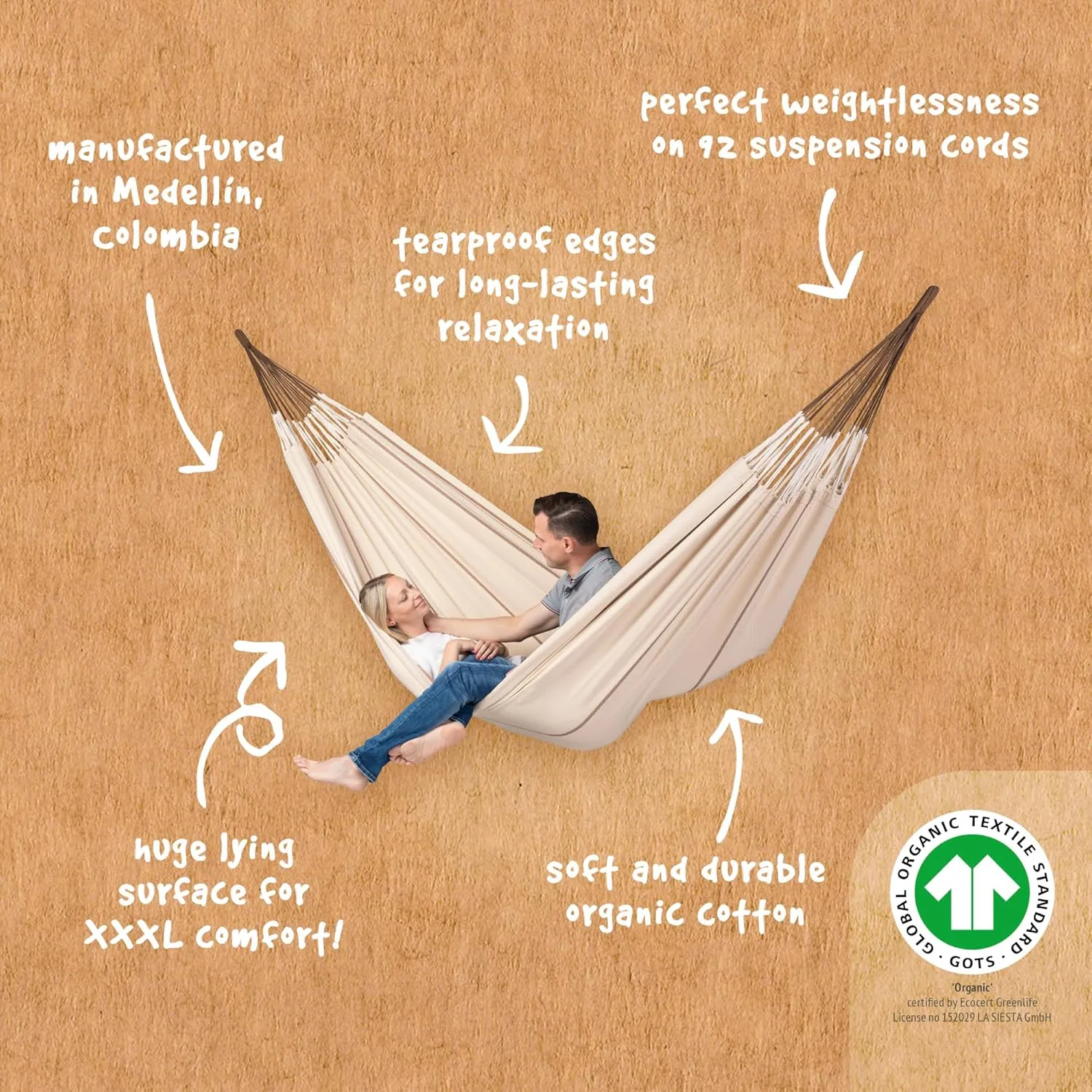 LA SIESTA Modesta Organic Cotton Hammock - Indoor Outdoor, Bedroom Backyard Porch Patio Tree - Extra Large Fabric Bed, 2 Person - Max 440 Lbs, King, Nougat