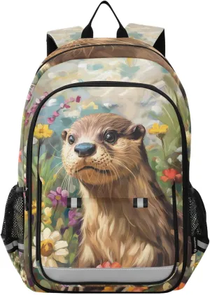 Large Backpack Beaver Flowers Otter for Men Women Travel Laptop Daypack Book Bag Shoulder Bag Cute Cool Funny Backpack with Reflective Strip 12.9 ×17.7 In