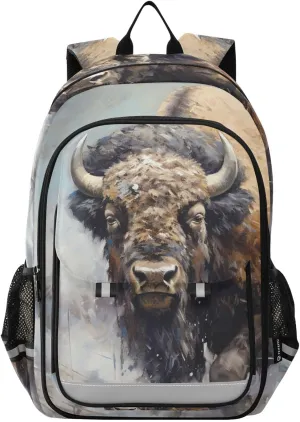 Large Backpack Bison Cow Snowy for Men Women Travel Laptop Daypack Book Bag Shoulder Bag Cute Cool Funny Backpack with Reflective Strip 12.9 ×17.7 In