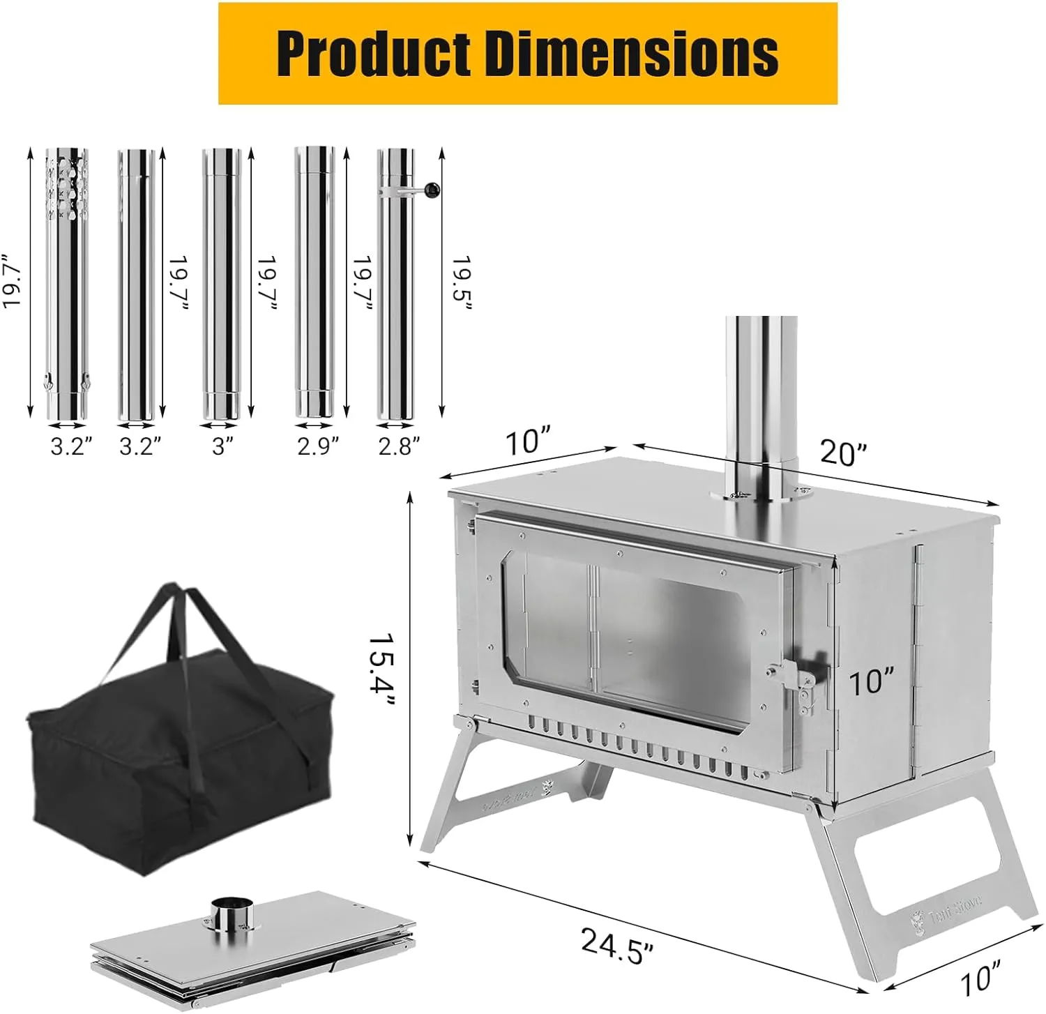 Large Camping Wood Stove, Portable Hot Tent Stove with 5 chimney pipes & 1 Carrying Bag, Stainless Steel Wood Burning Stove for BBQ, Heating, Boiling water, Cooking for Outdoor Camping