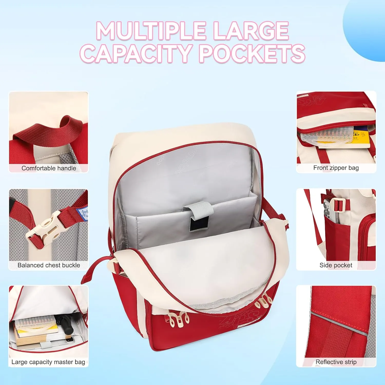 Large Capacity Lightweight Backpack with Multiple Pockets, Waterproof Travel Daypack for Girls & Boys (Red)