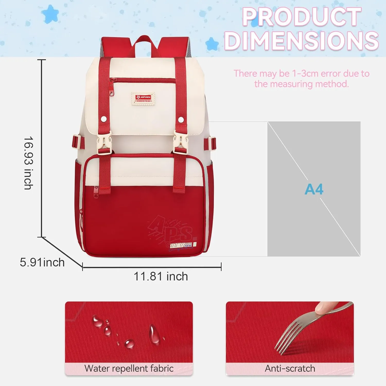 Large Capacity Lightweight Backpack with Multiple Pockets, Waterproof Travel Daypack for Girls & Boys (Red)