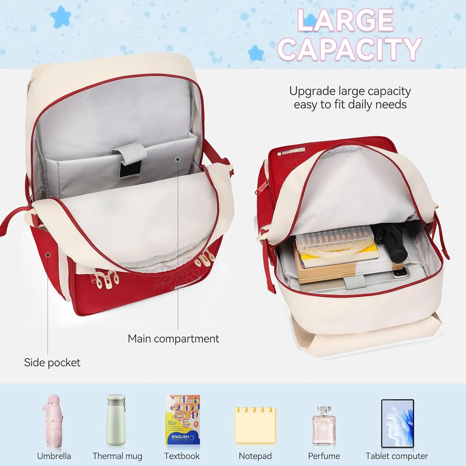 Large Capacity Lightweight Backpack with Multiple Pockets, Waterproof Travel Daypack for Girls & Boys (Red)