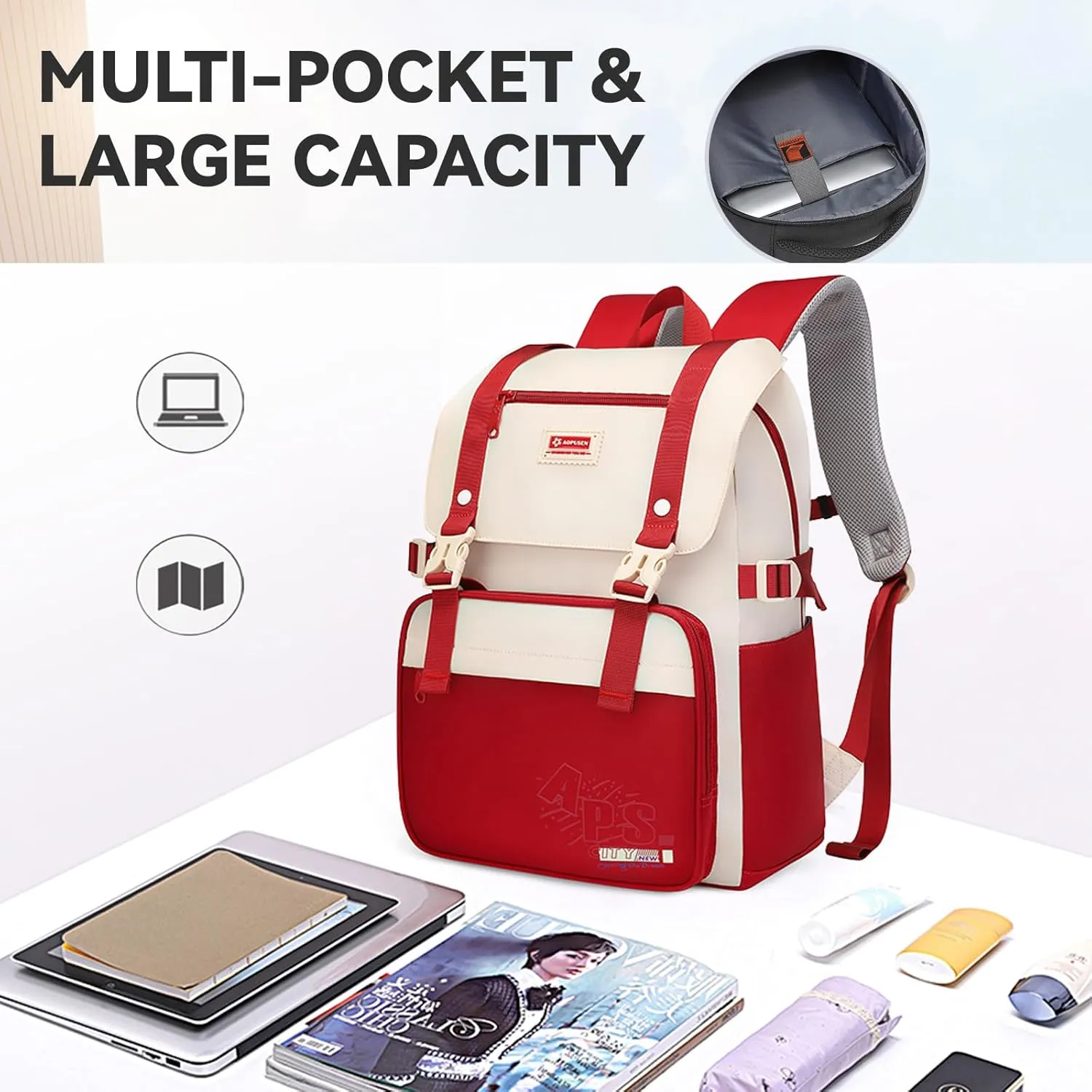 Large Capacity Lightweight Backpack with Multiple Pockets, Waterproof Travel Daypack for Girls & Boys (Red)