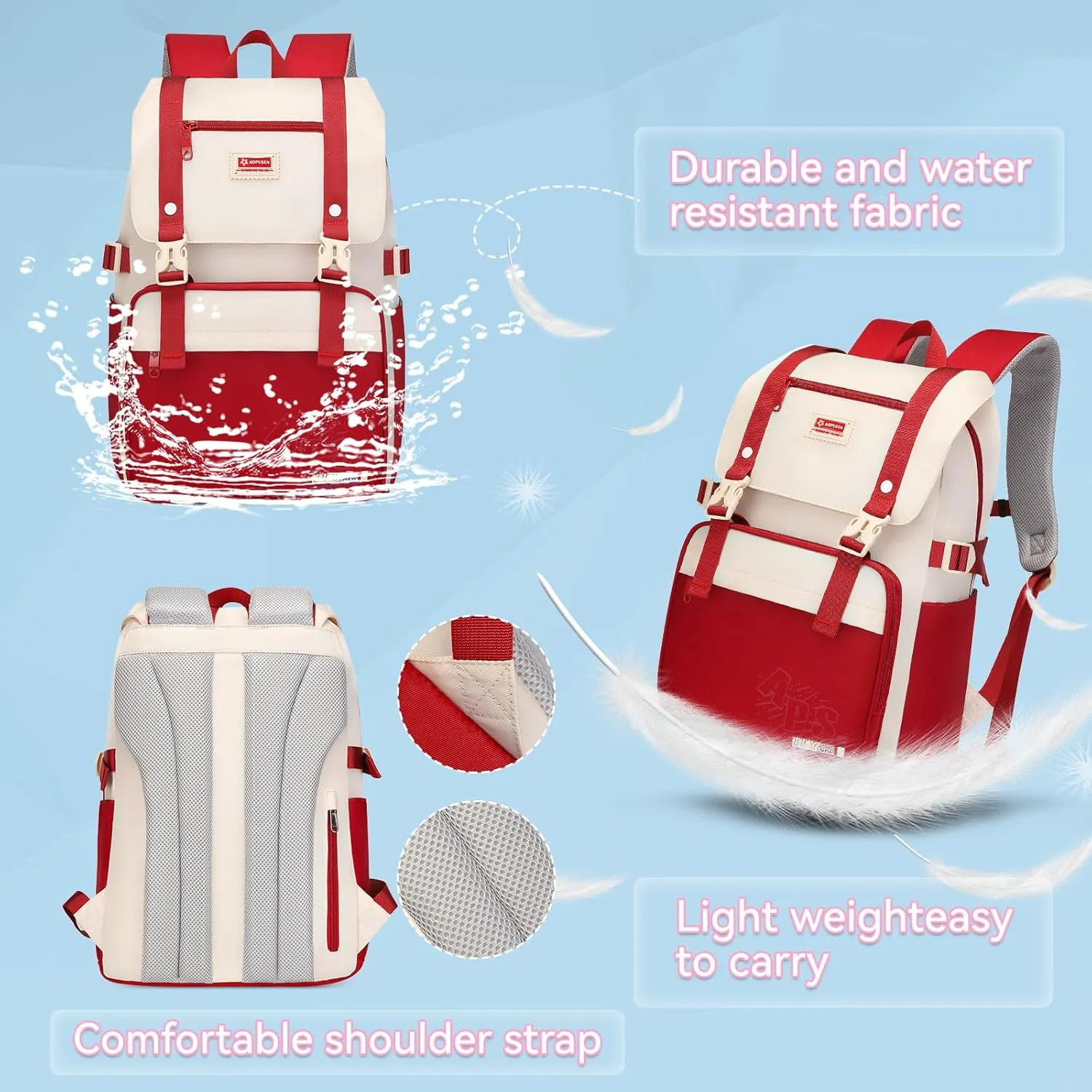Large Capacity Lightweight Backpack with Multiple Pockets, Waterproof Travel Daypack for Girls & Boys (Red)