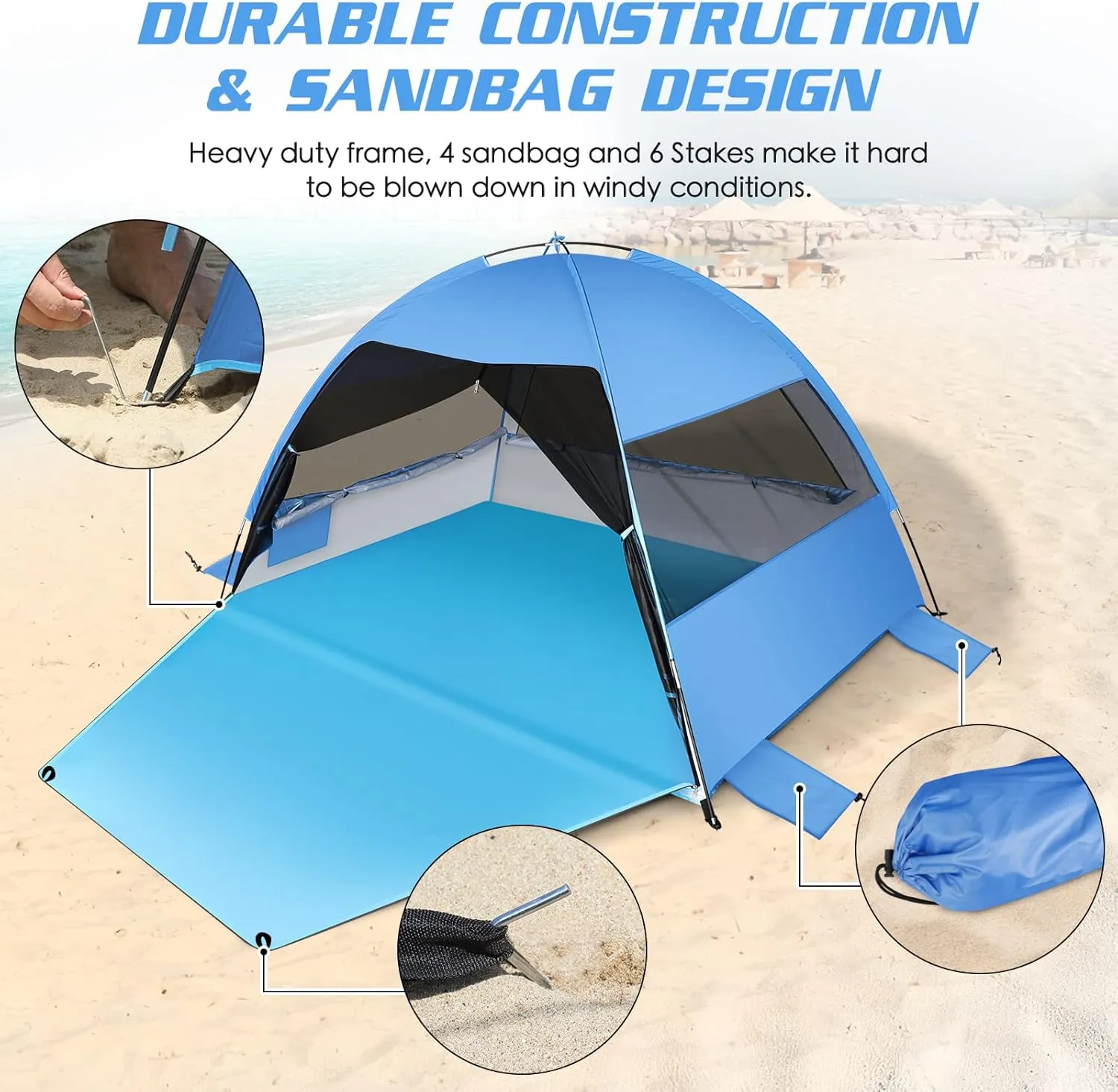 Large Easy Setup Beach Tent,Anti-UV Beach Shade Beach Canopy Tent Sun Shade with Extended Floor & 3 Mesh Roll Up Windows Fits 3-4 Person,Portable Shade Tent for Outdoor Camping Fishing (Blue)