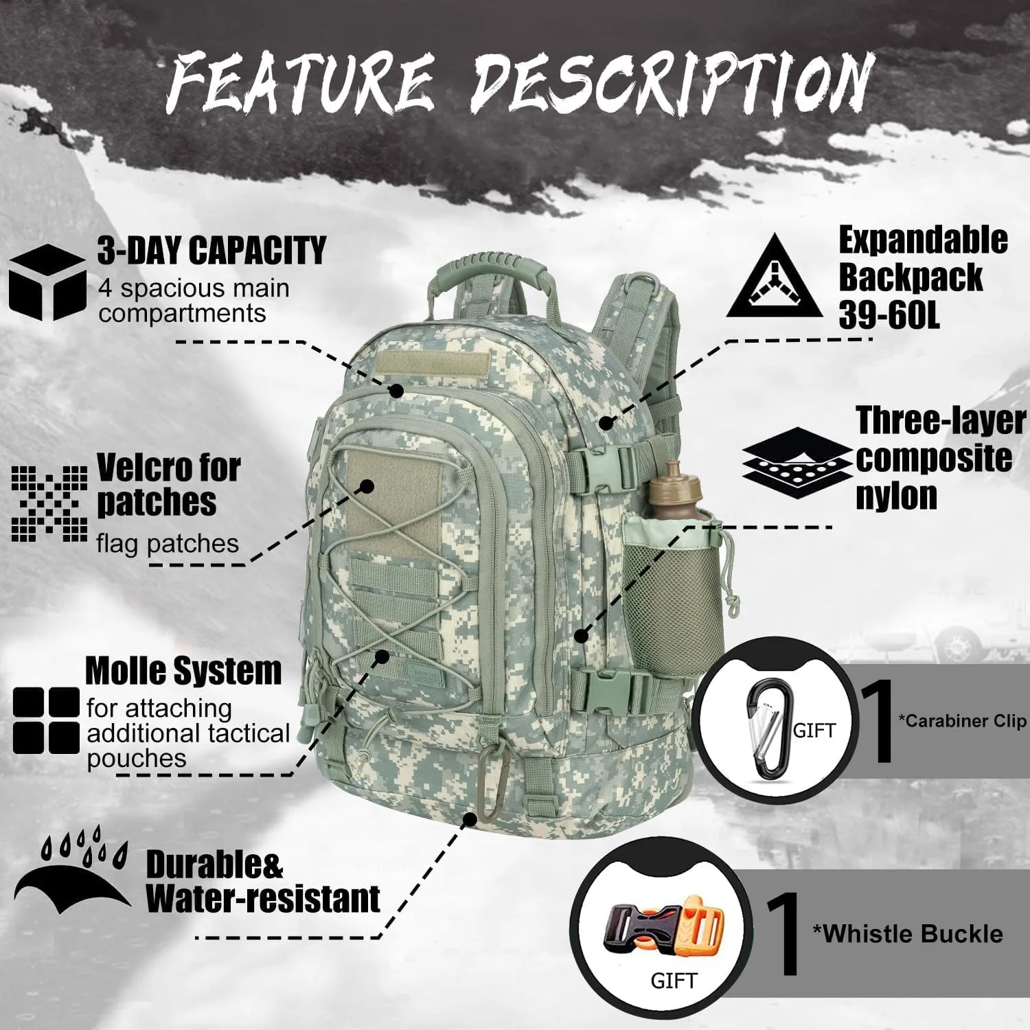 Large Military Bug Out Bag 3 Day Pack Expandable Backpack Army Daypack for Outdoor Hiking Hunting (ACU)