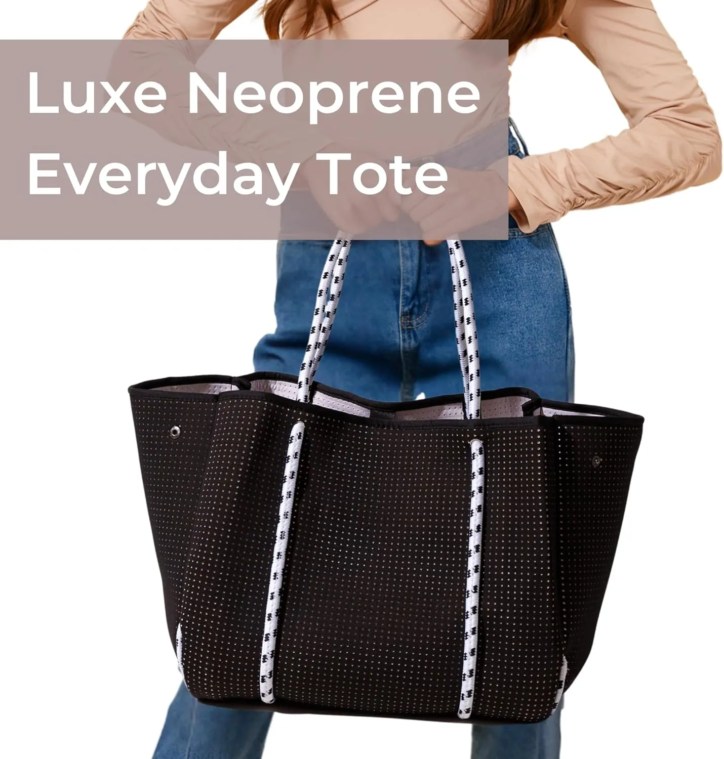 Large Neoprene Tote Bag for Women - Everyday Designer Handbag for Travel Work and Beach with Pockets and Zipper Pouch