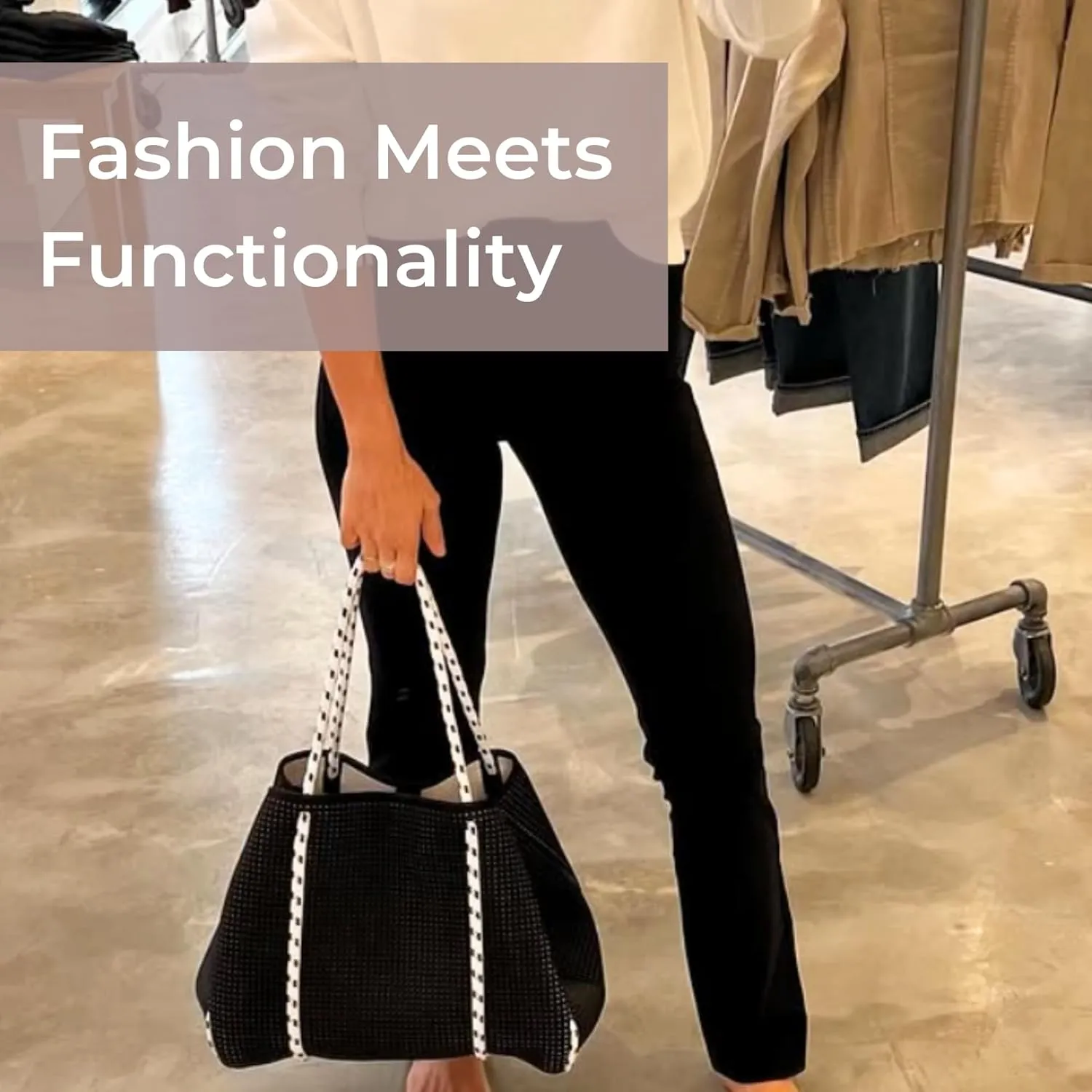 Large Neoprene Tote Bag for Women - Everyday Designer Handbag for Travel Work and Beach with Pockets and Zipper Pouch