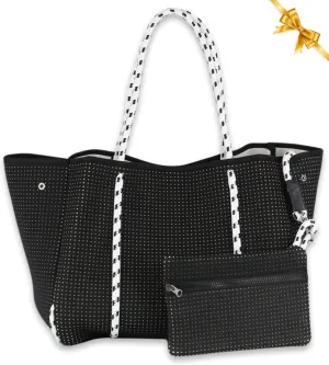 Large Neoprene Tote Bag for Women - Everyday Designer Handbag for Travel Work and Beach with Pockets and Zipper Pouch