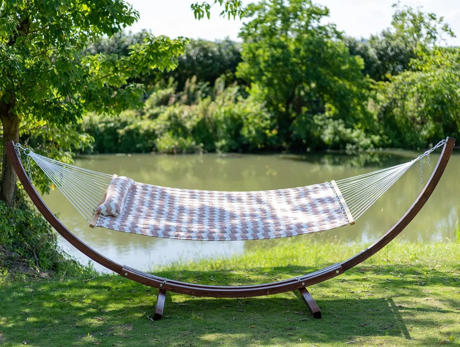 Lazy Daze 12 FT Quilted Double Hammock with Spreader Bar, 2-Person Outdoor Hammock for Patio, Poolside, Backyard, Beach - 450 lbs Capacity, Beige Wave